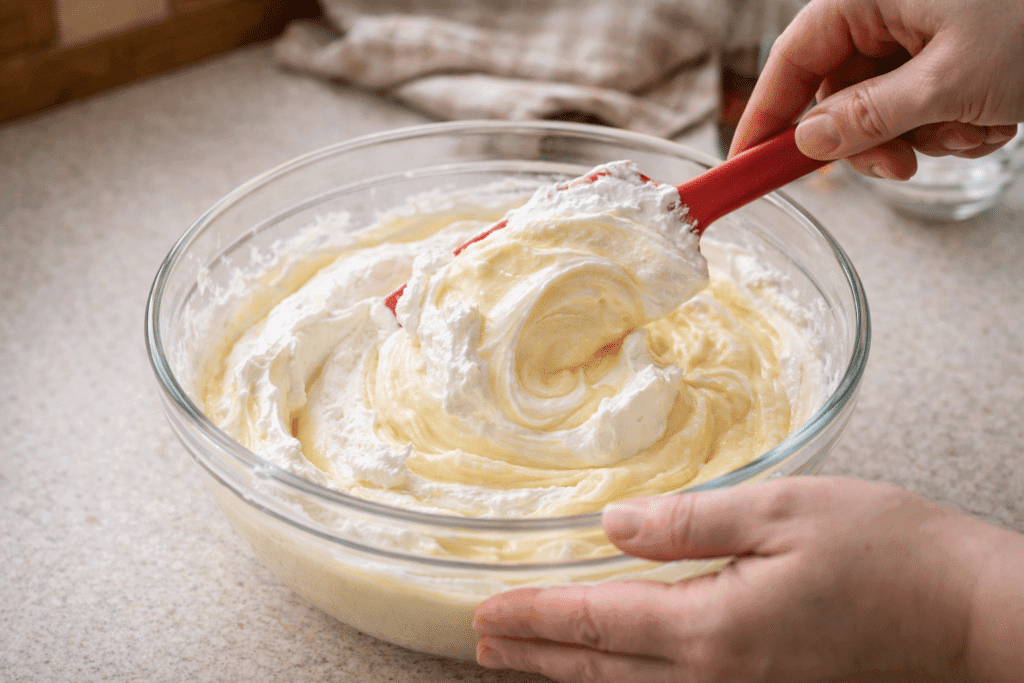 folding whipped cream into pudding mixture