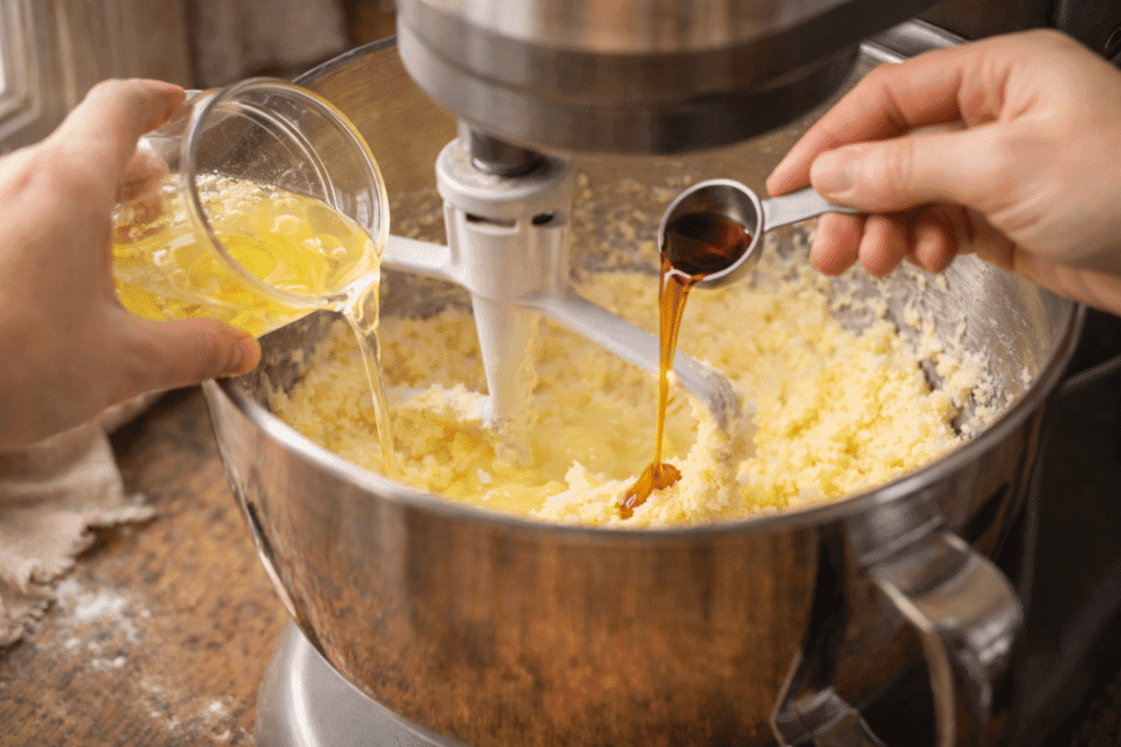 Adding egg whites and vanilla to Funfetti Cake batter