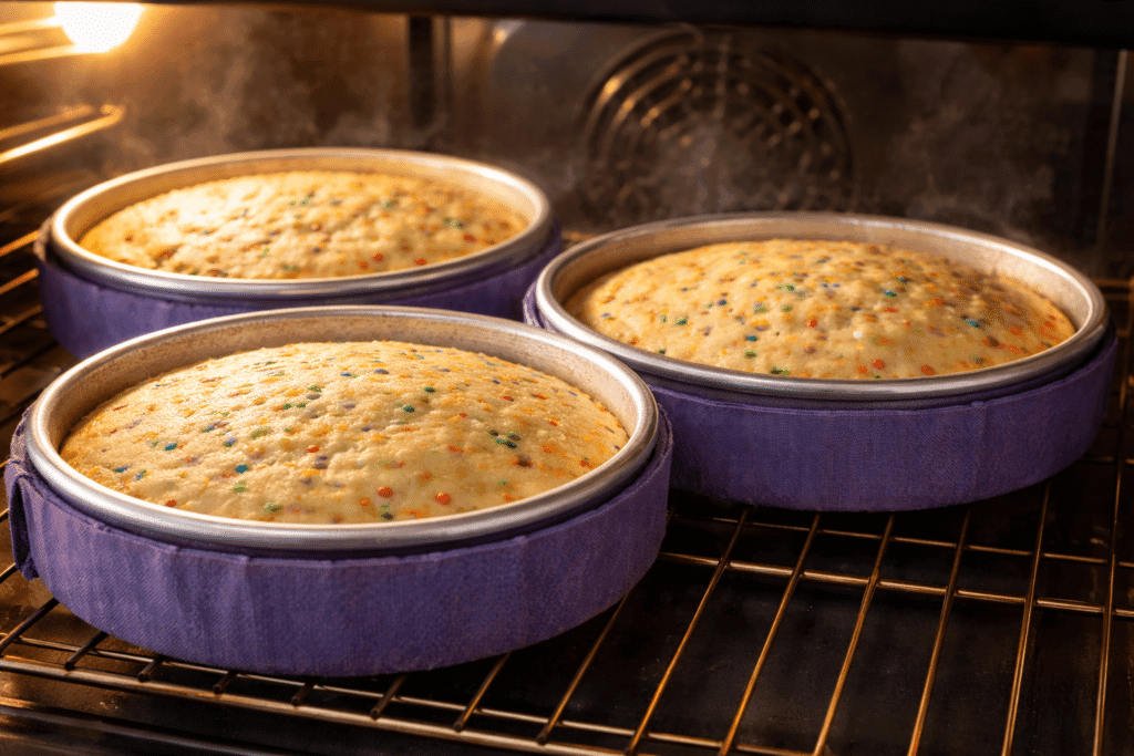 Funfetti Cake layers baking in the oven with golden edges