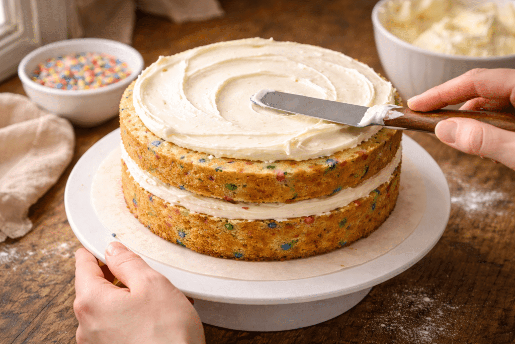 Frosting cooled Funfetti Cake layers with vanilla buttercream