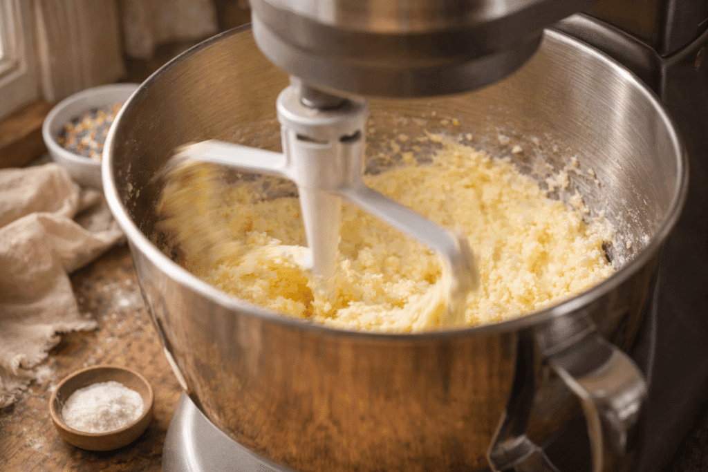 Creaming butter and sugar for Funfetti Cake in stand mixer