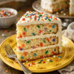 Funfetti Cake on yellow plate with golden sunburst rim