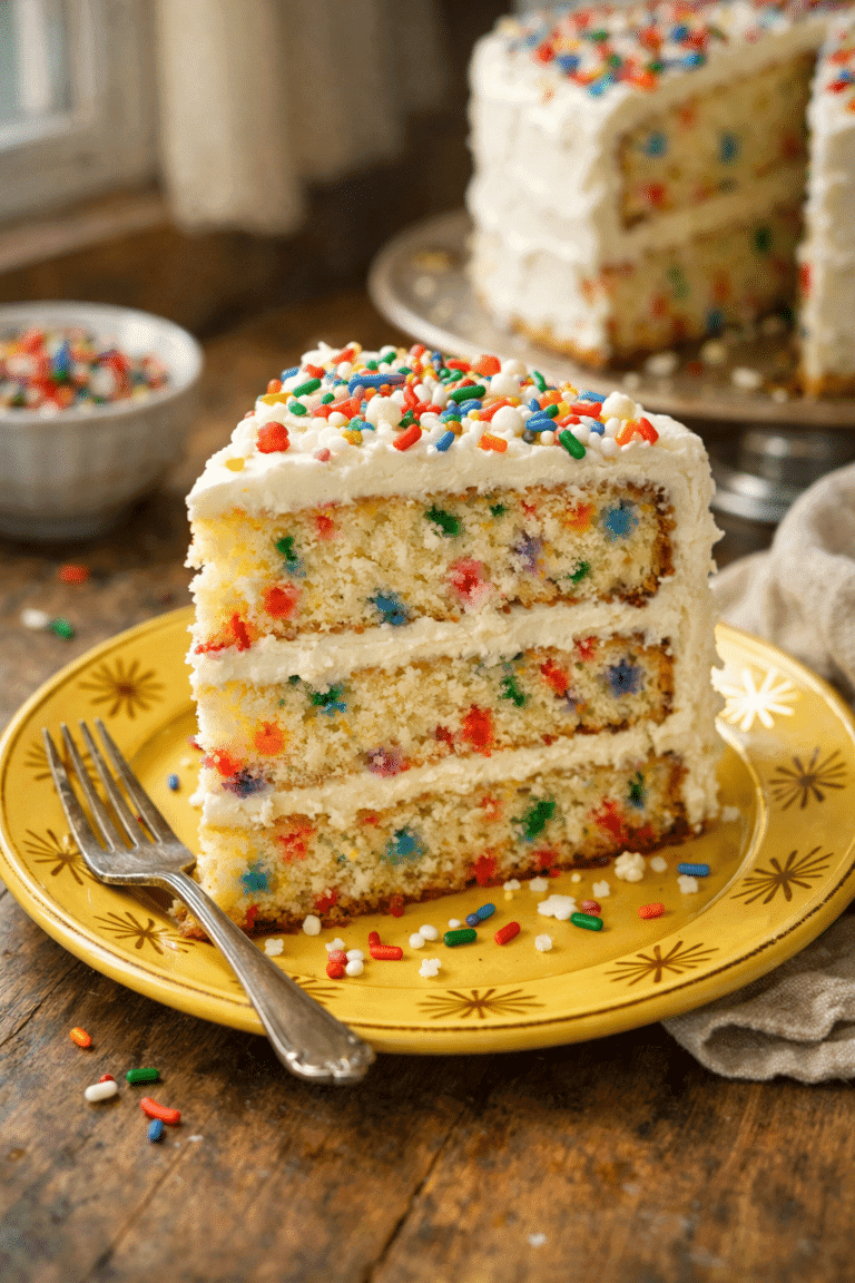 Funfetti Cake on yellow plate with golden sunburst rim