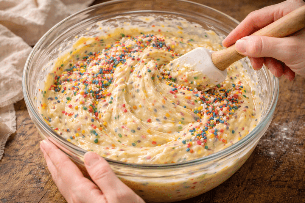 Folding rainbow sprinkles into Funfetti Cake batter