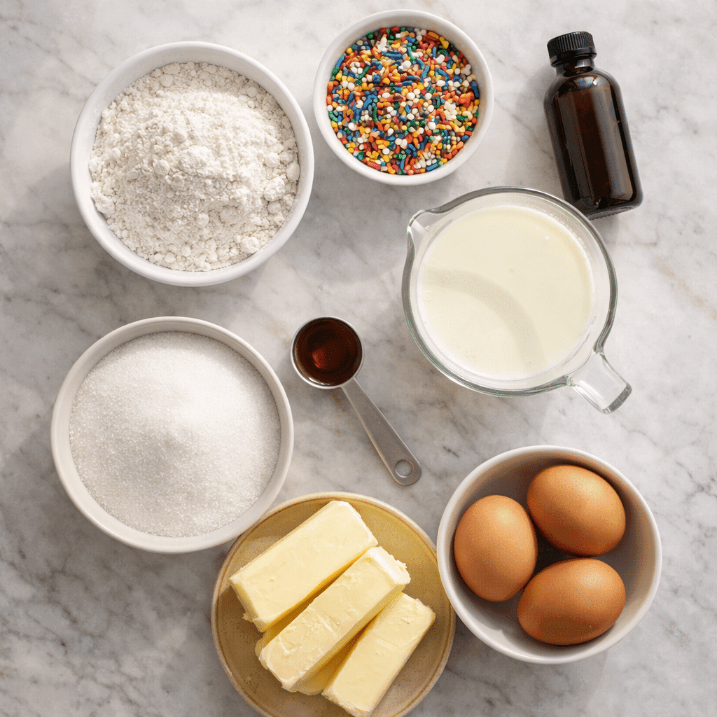 Funfetti Cake ingredients flatlay