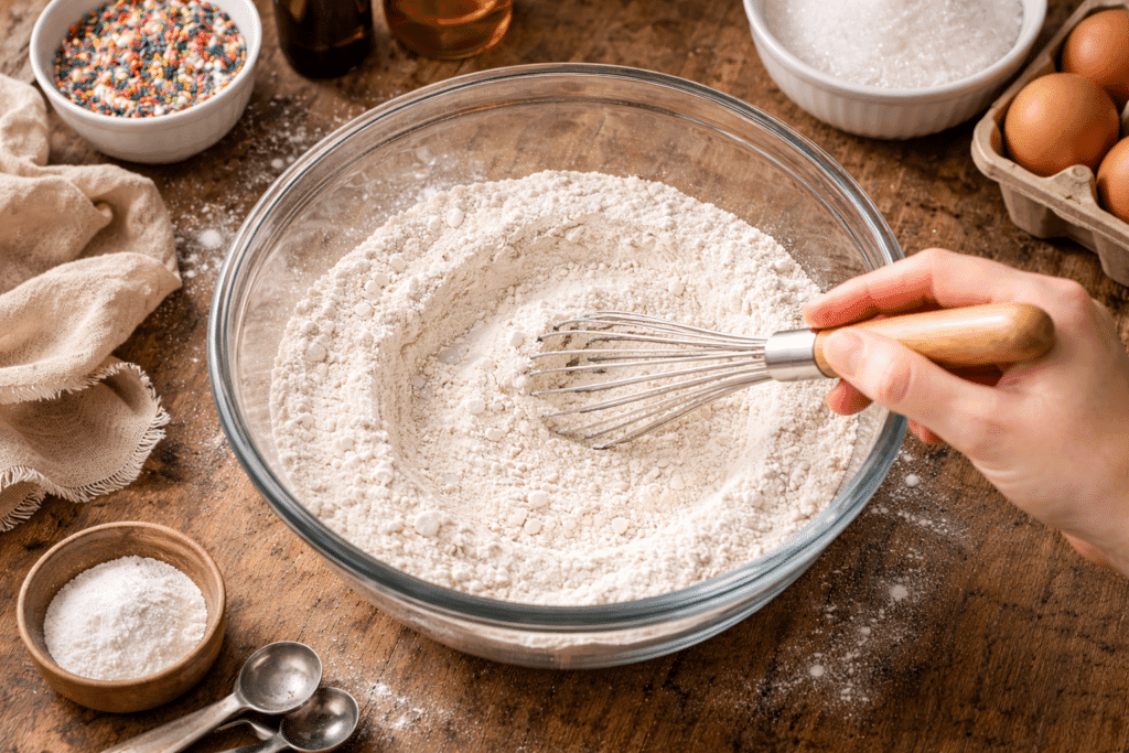 Mixing dry ingredients for Funfetti Cake in glass bowl