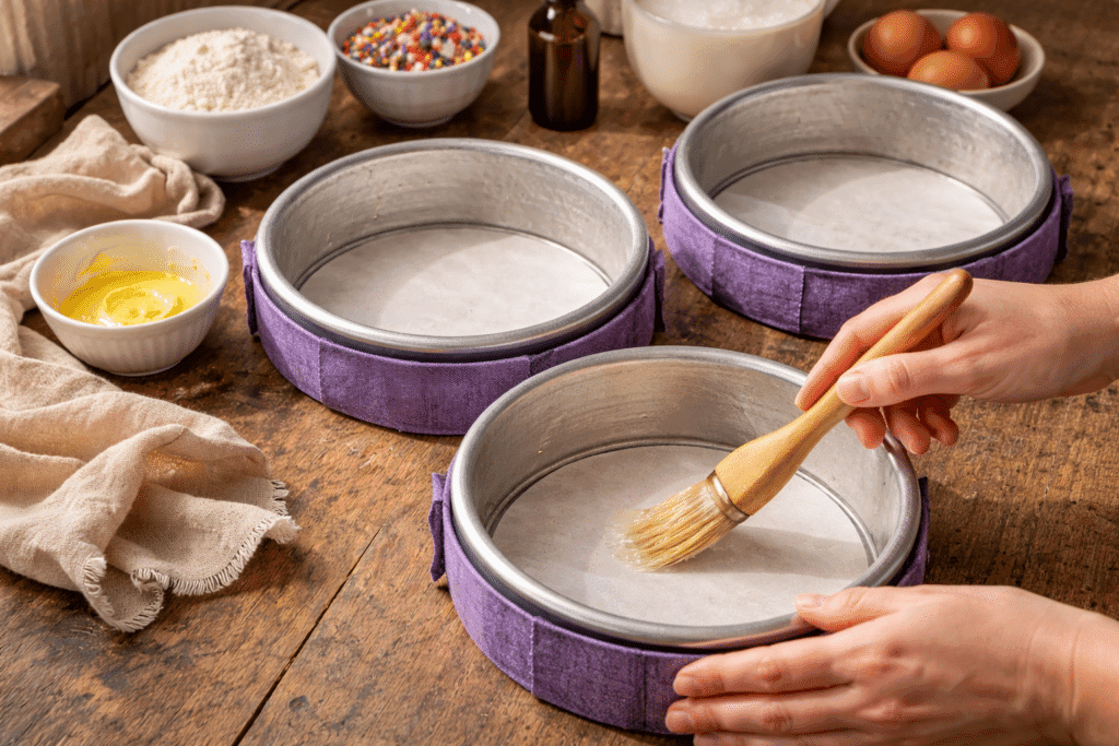 Preparing Funfetti Cake pans with parchment and butter