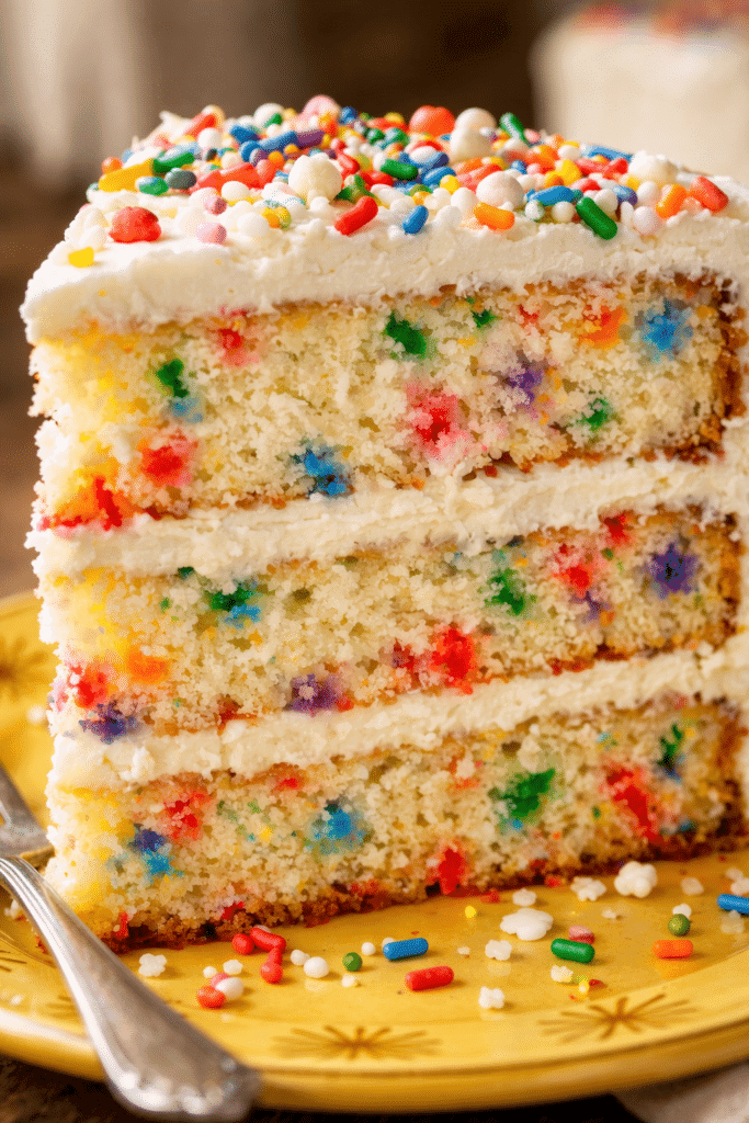 Close-up of Funfetti Cake crumb and colorful sprinkles