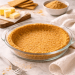 Homemade graham cracker crust in white pie dish with butter and crackers