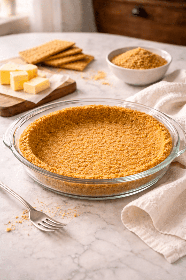 Homemade graham cracker crust in white pie dish with butter and crackers