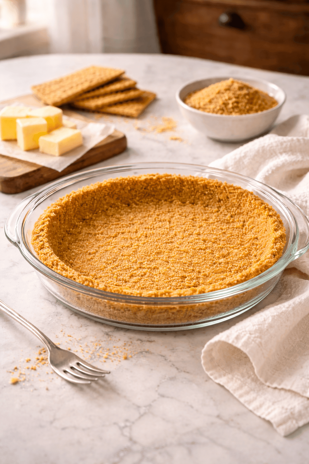 Homemade graham cracker crust in white pie dish with butter and crackers