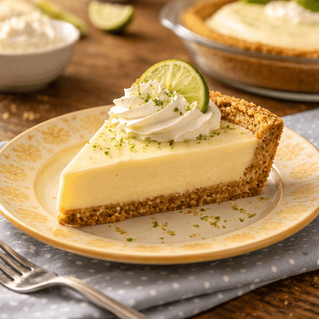 Slice of pie with graham cracker crust on yellow plate