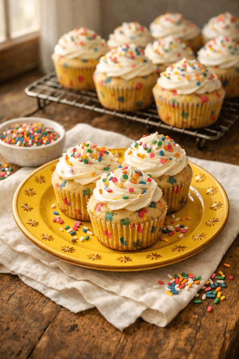 Homemade Funfetti Cupcakes on yellow plate with sprinkles
