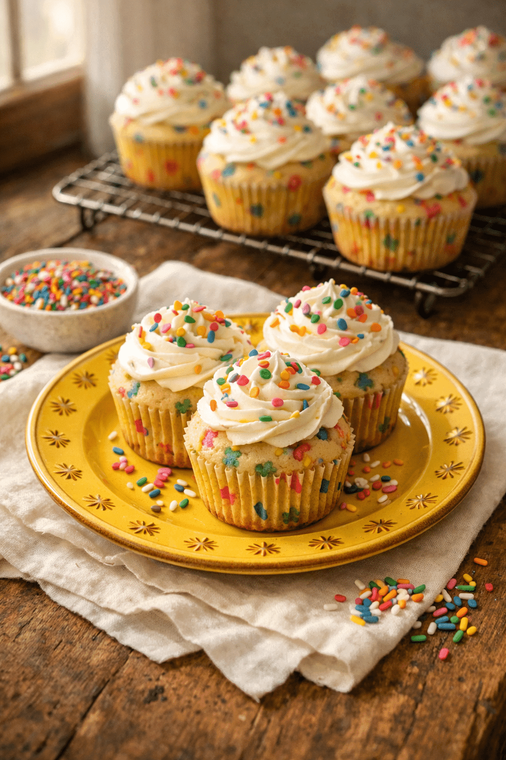 Homemade Funfetti Cupcakes on yellow plate with sprinkles