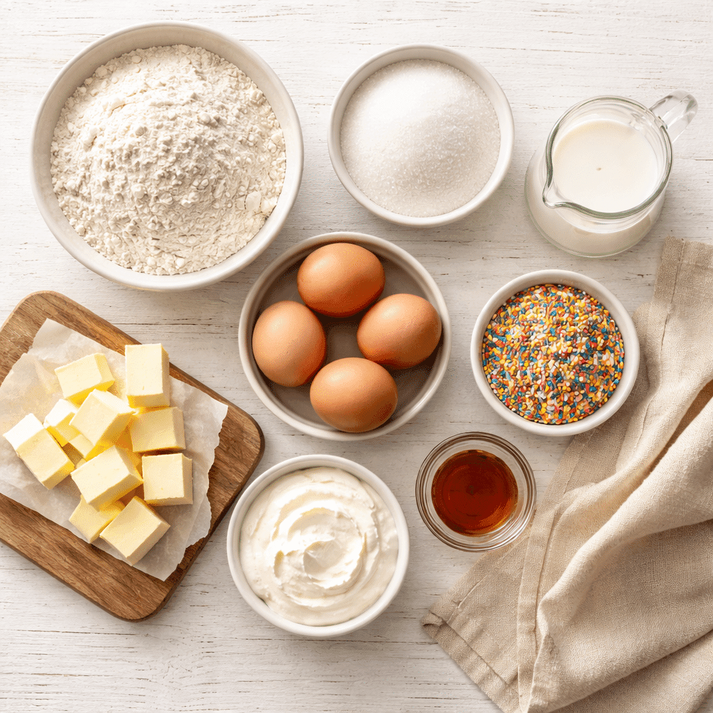 Flatlay of Funfetti Cupcake ingredients