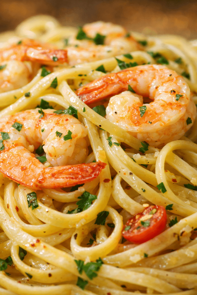 close up shrimp linguine texture