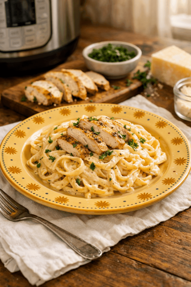 Instant Pot Chicken Alfredo served creamy and fresh