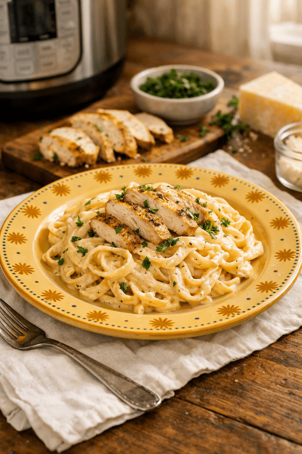 Instant Pot Chicken Alfredo served creamy and fresh