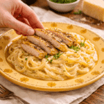 Serving Instant Pot Chicken Alfredo with sliced chicken