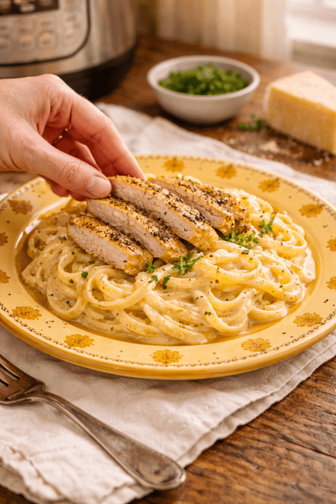 Serving Instant Pot Chicken Alfredo with sliced chicken