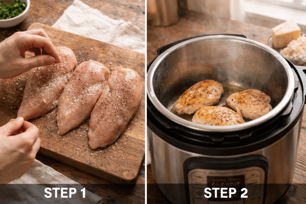 Seasoning and sautéing chicken for Instant Pot Chicken Alfredo