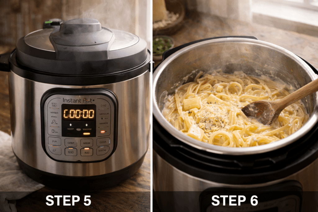 Pressure cooking and finishing sauce for Instant Pot Chicken Alfredo