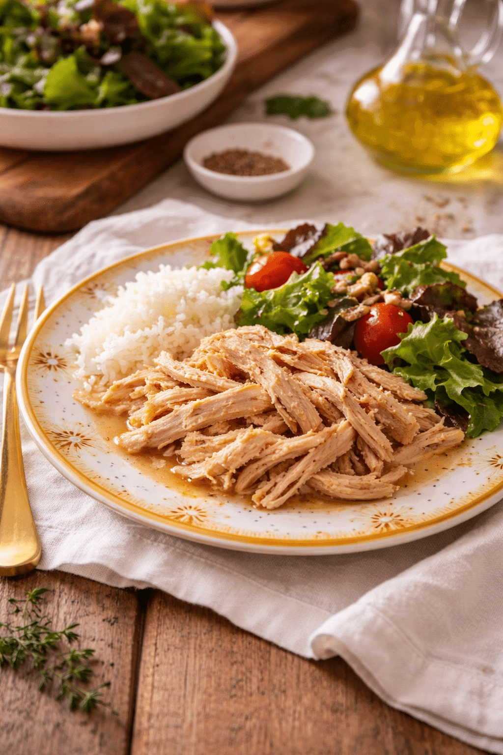 Instant Pot Shredded Chicken served on a yellow plate with tender shredded texture