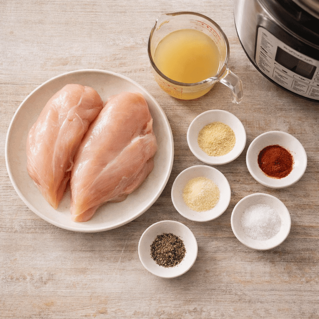 Ingredients needed for Instant Pot Shredded Chicken arranged on a wooden surface