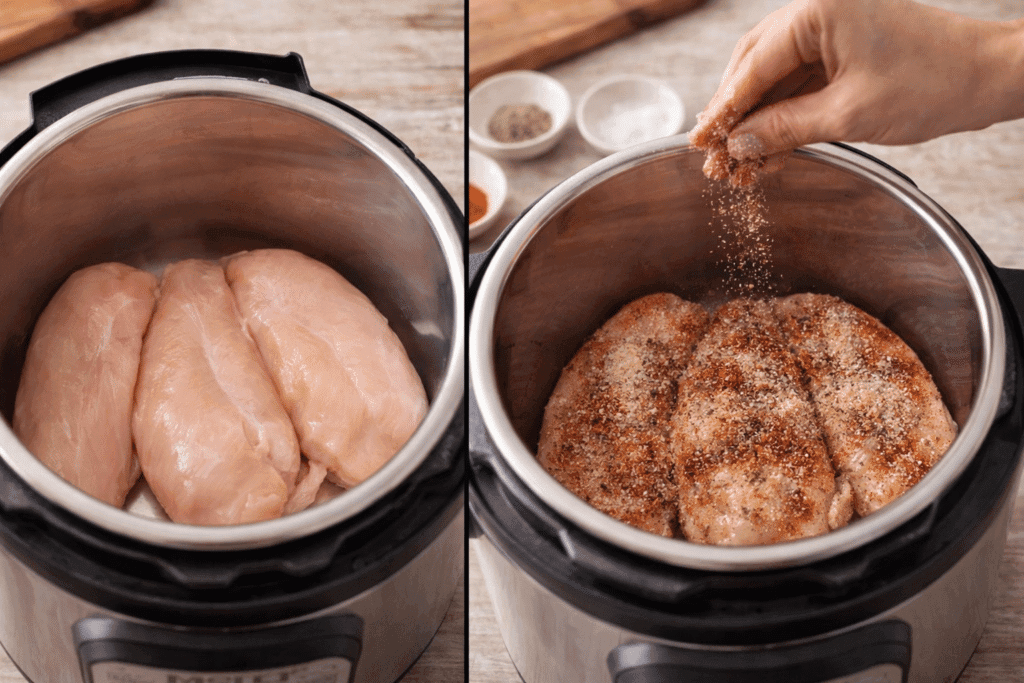 Adding and seasoning chicken in the Instant Pot for shredded chicken