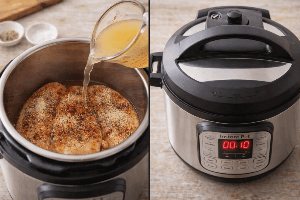 Adding broth and sealing the Instant Pot for shredded chicken