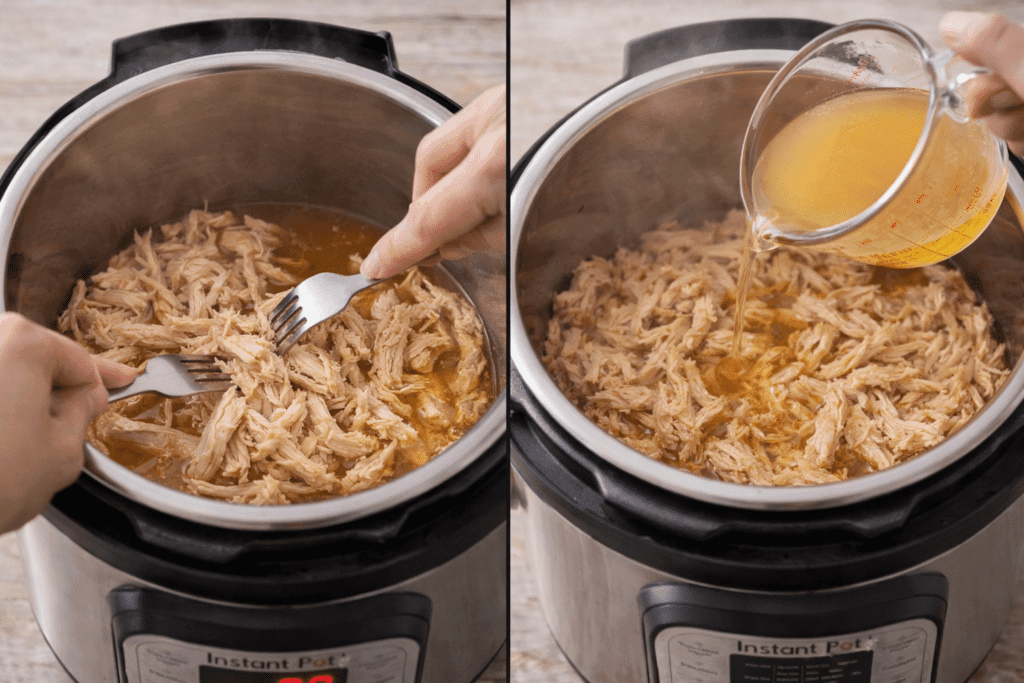 Shredding Instant Pot Shredded Chicken and adding broth for moisture