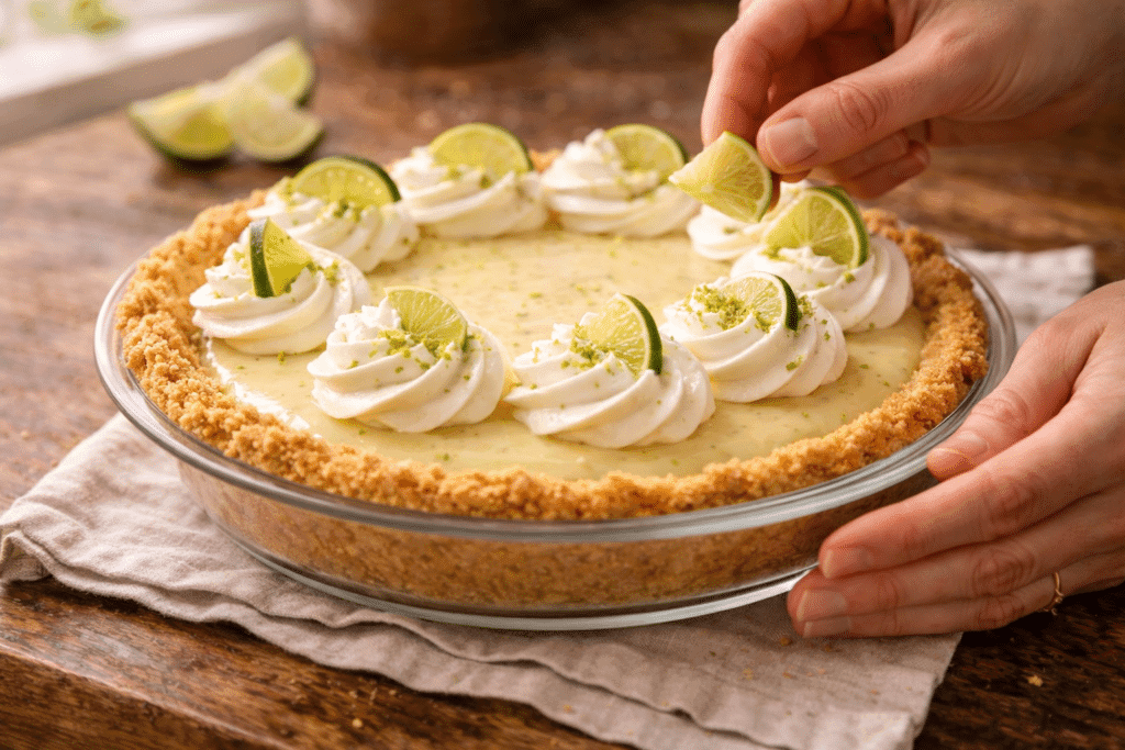 Assembling and serving Key Lime Pie with whipped cream and lime slices
