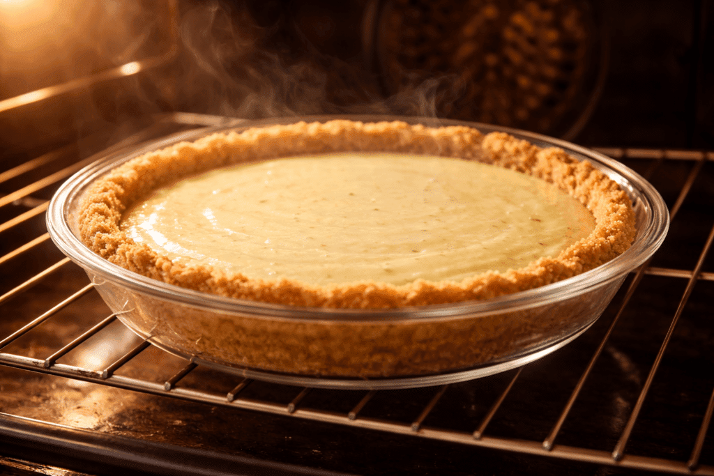 Key Lime Pie baking in the oven with golden crust