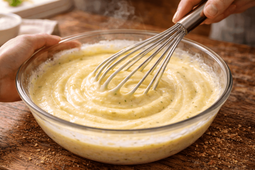 Whisking Key Lime Pie filling in a glass bowl