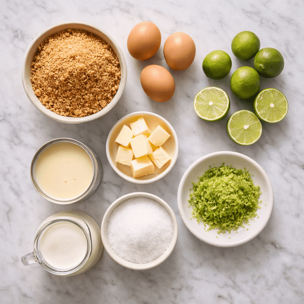 Flatlay of Key Lime Pie ingredients on white marble