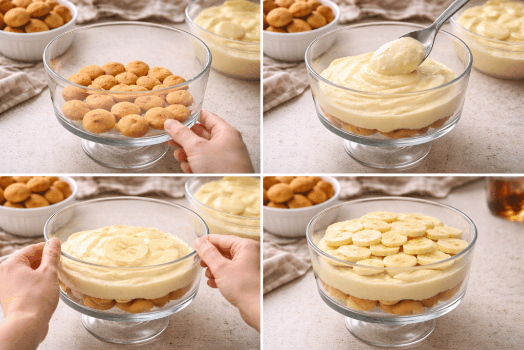layering banana pudding in trifle dish