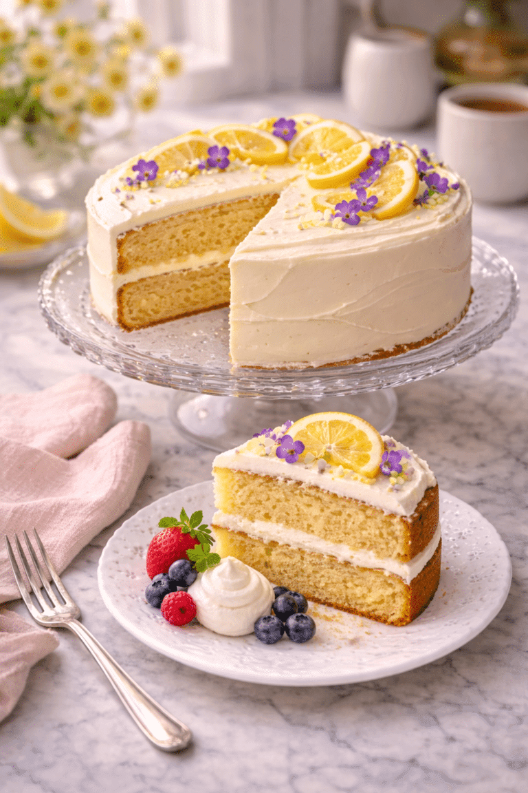 Homemade Lemon Cake with Lemon Frosting and Edible Flowers