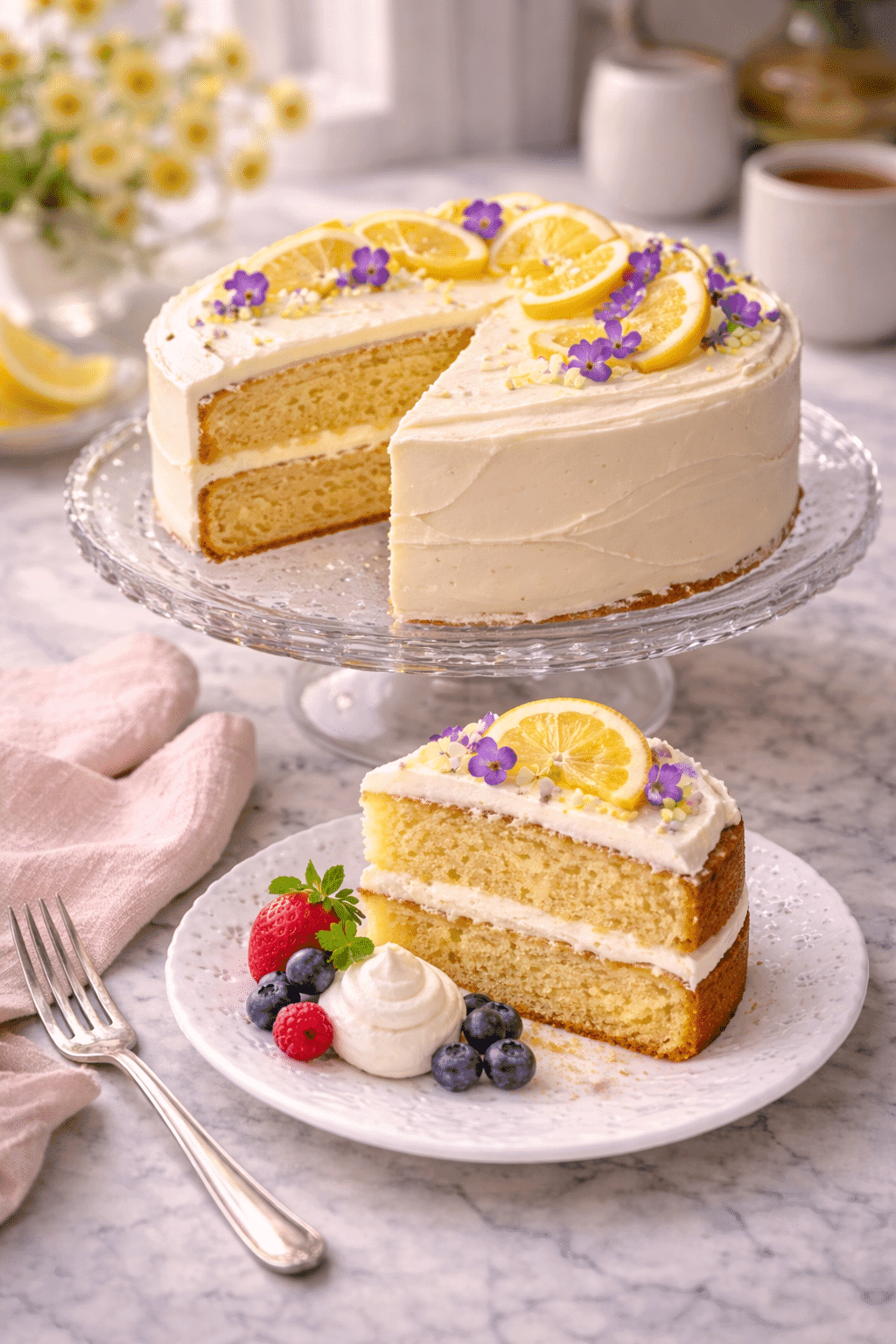 Homemade Lemon Cake with Lemon Frosting and Edible Flowers