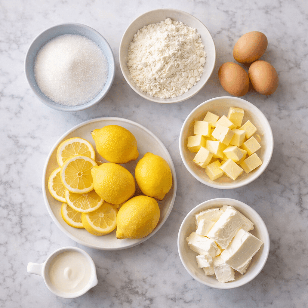 Flatlay of Fresh Lemon Cake Ingredients