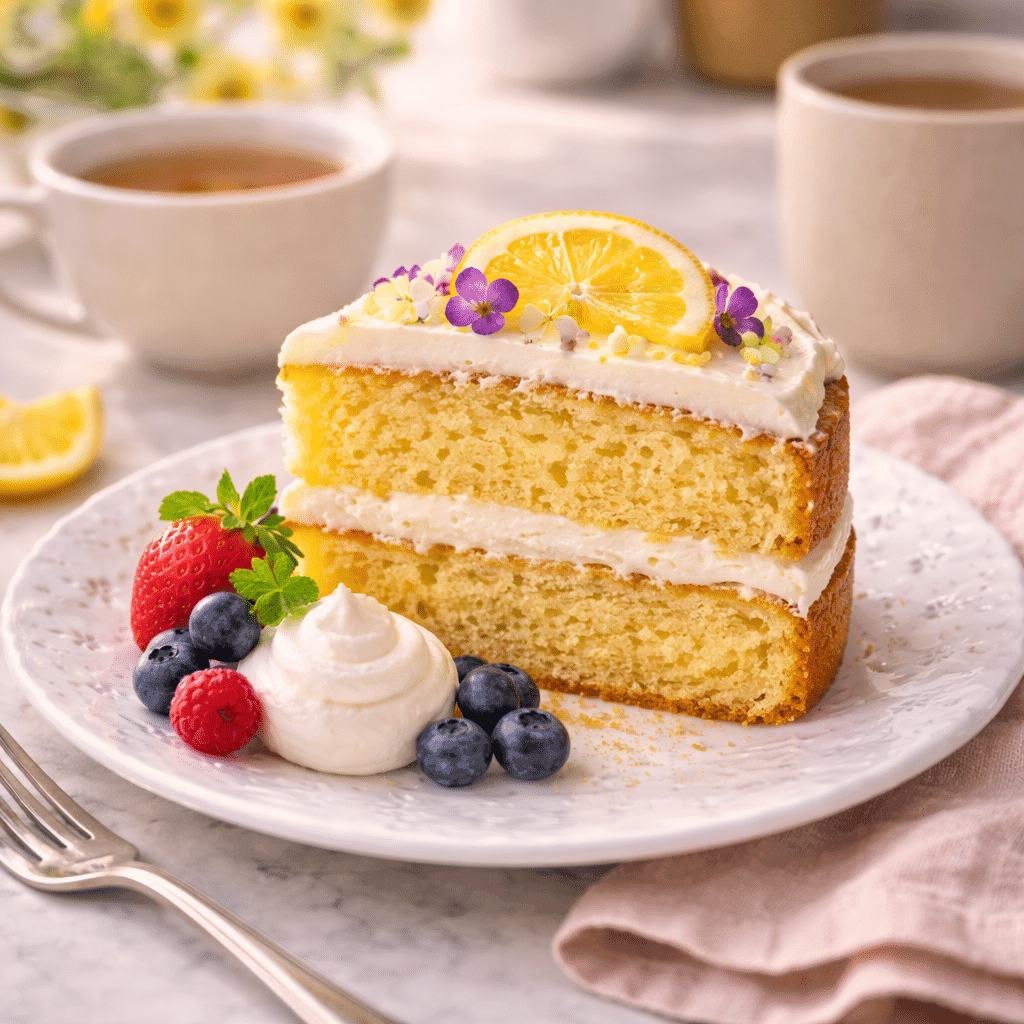 Slice of Lemon Cake Served with Whipped Cream and Berries
