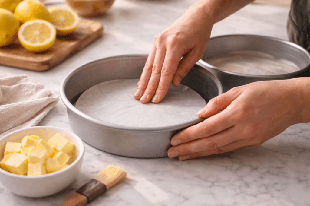 Preparing cake pans for lemon cake baking