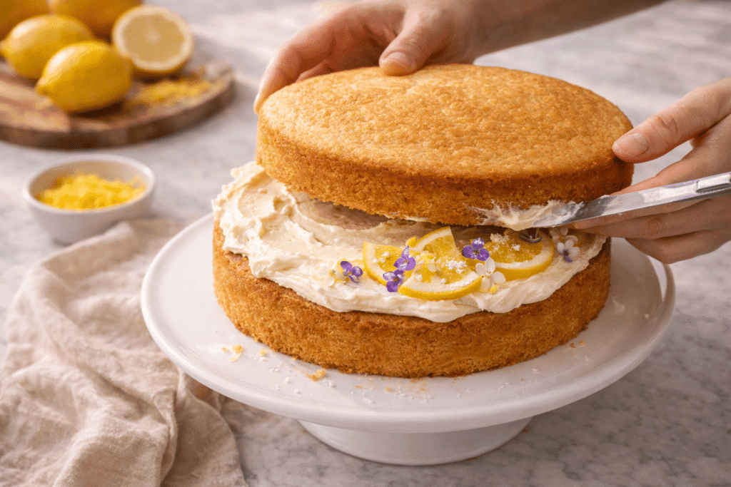 Frosting and decorating a lemon cake