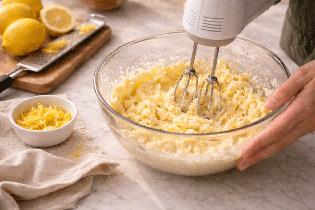 Creaming butter, sugar, and lemon zest for cake