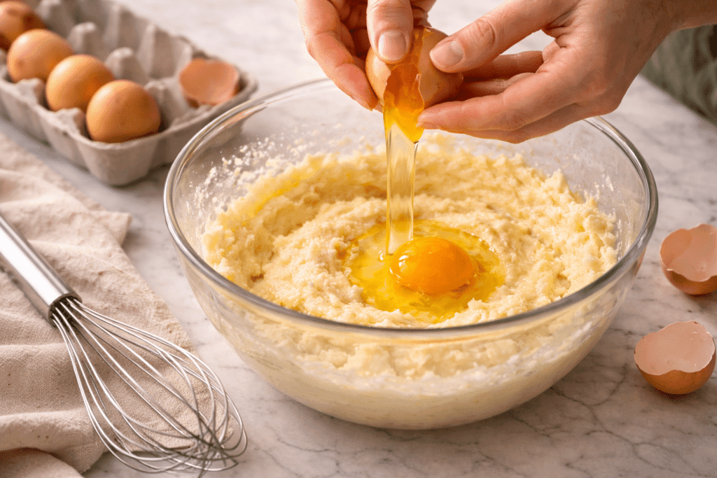 Adding eggs to lemon cake batter