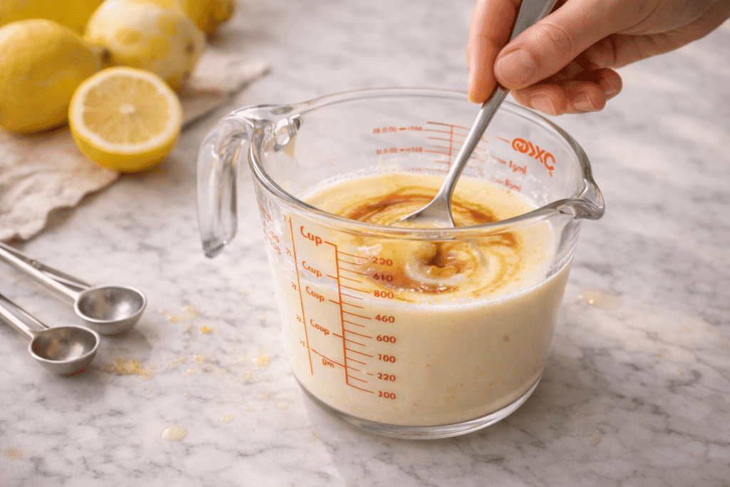 Mixing wet ingredients for lemon cake batter