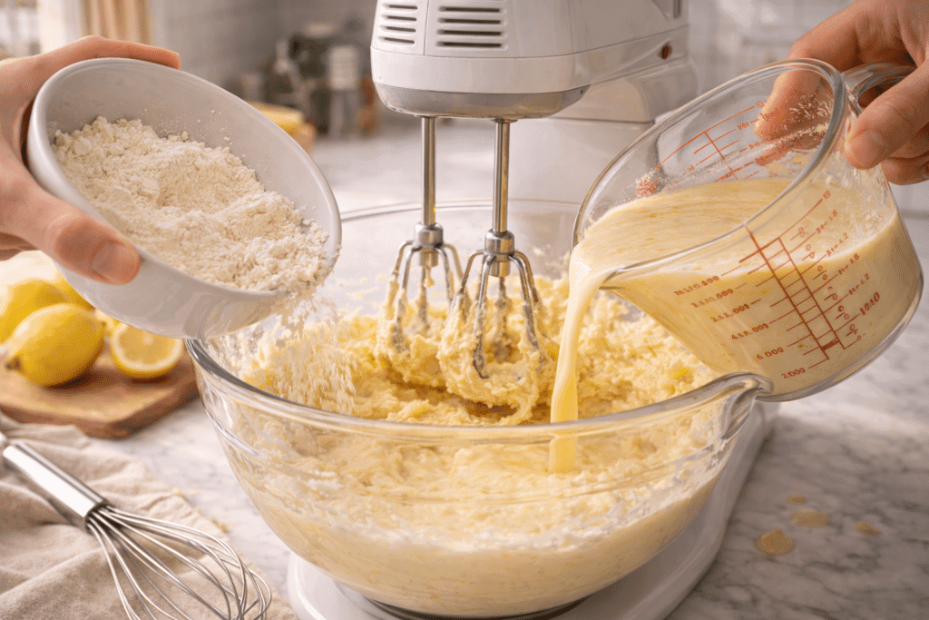 Pouring lemon cake batter into pans