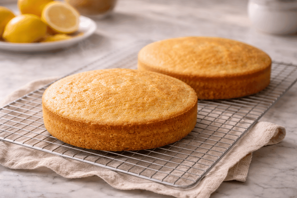 Cooling baked lemon cake layers