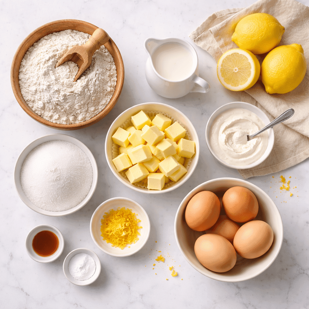 Flatlay of ingredients for Lemon Cupcakes