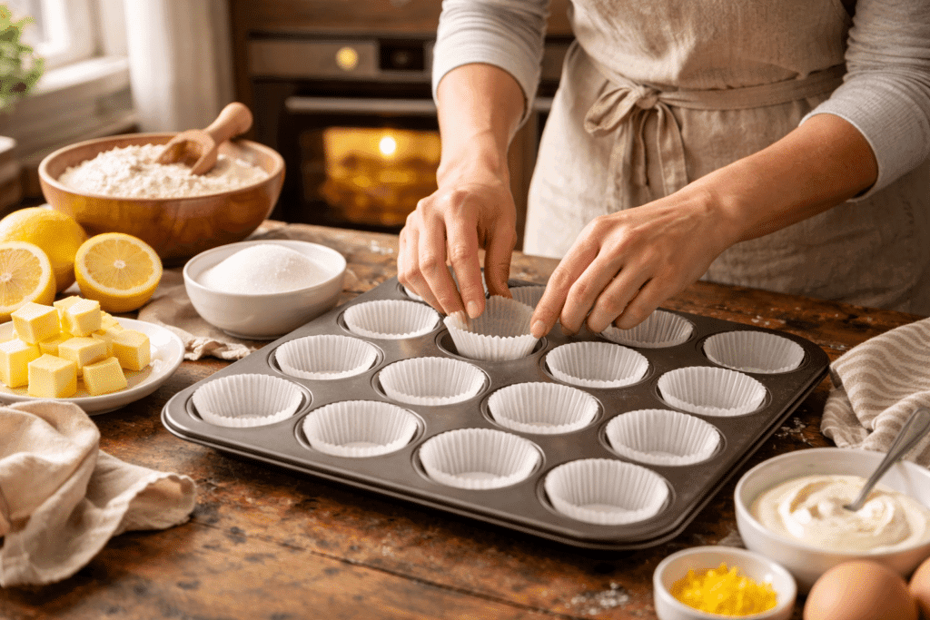 Preparing muffin pan and preheating oven for Lemon Cupcakes