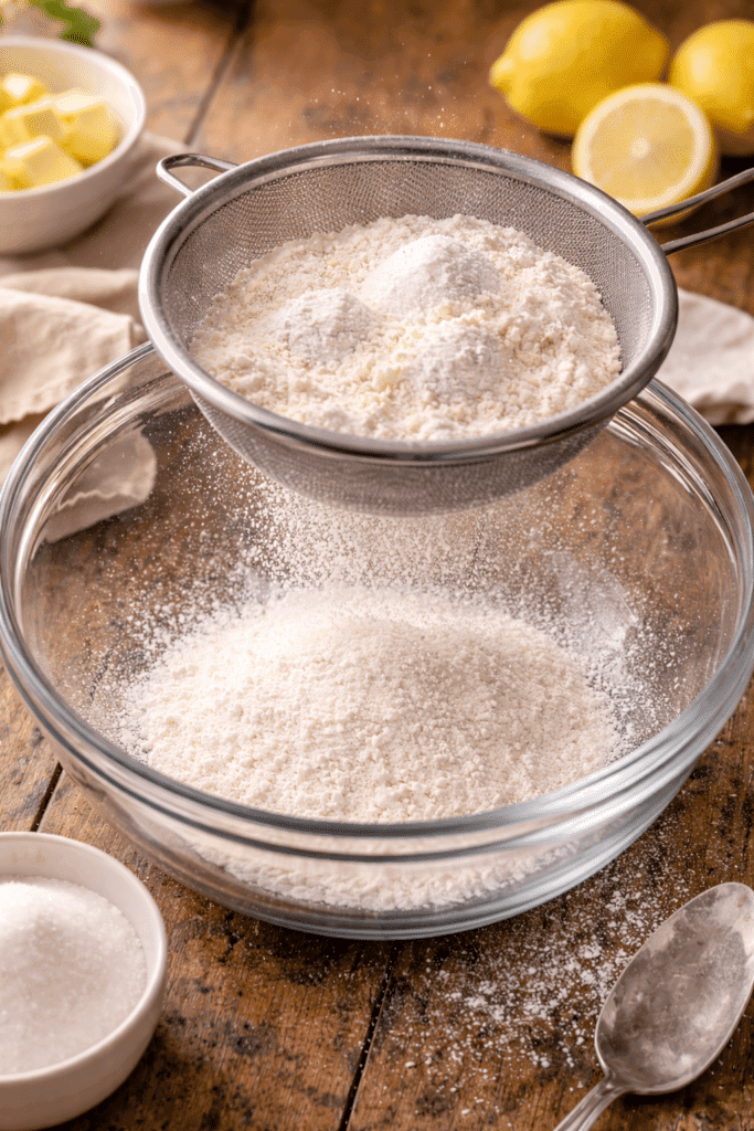 Sifting dry ingredients for Lemon Cupcakes